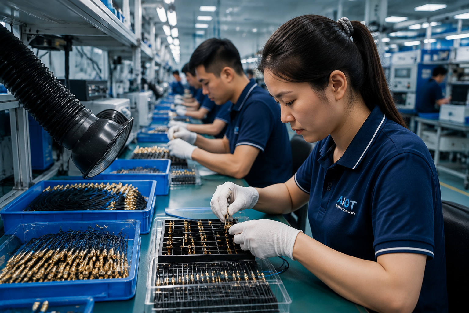RF connector manufacturing and quality inspection in electronics factory