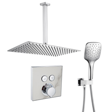 Luxury chrome 59 brass square ceiling rainfall thermostatic concealed shower mixer wall mounted button control shower set