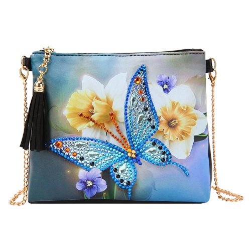 Bolso de cuero con cadena de flor de mariposa bordado