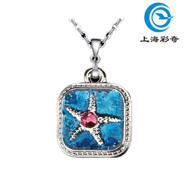 Elegant Rounded Square Starfish Pendant Enamel Rhinestone
