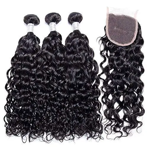 Human Hair Bundles With Closure Brazilian Water Wave Wet and Wavy Curly Weave Bundles with Closure 100% Unprocessed Remy Hair