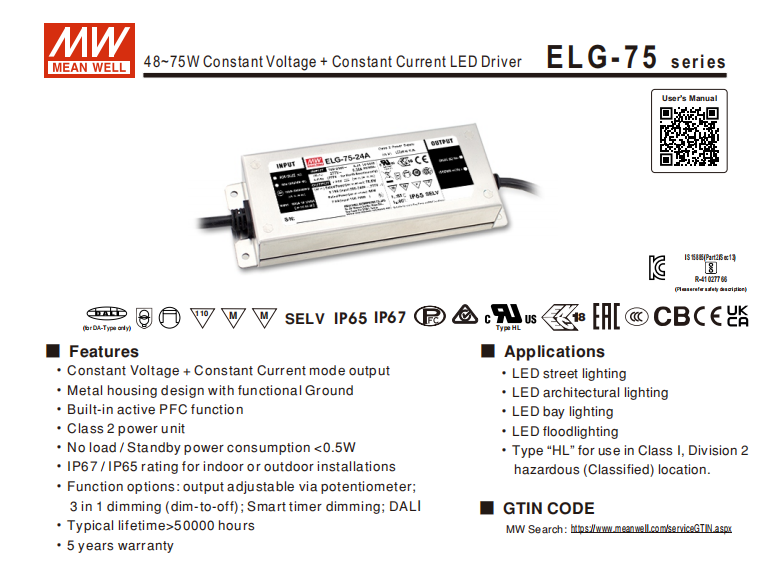 Meanwell Led Driver 75w 5