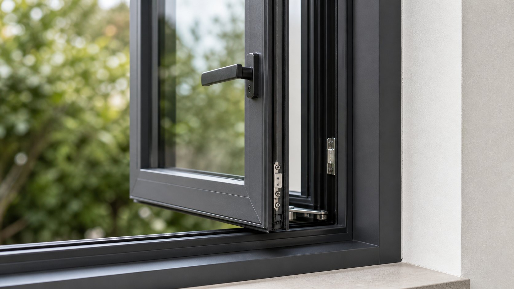 Close-up of aluminium casement window seals, hinge hardware and locking handle