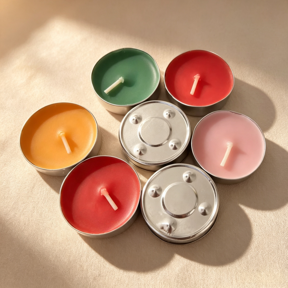 Close up of colored scented tealight candle wax surface