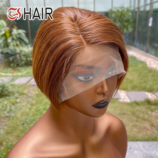 New Style GS Short Pixie Wigs with T-Part Lace Bob and Remy Brazilian Human Hair in 613 4#27 Orange Pink Red