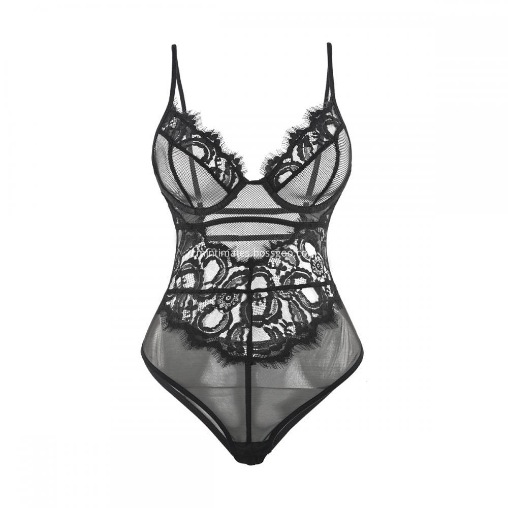 Eyelash Lace Underwire Bodystocking Black