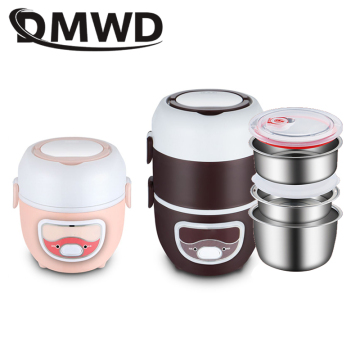DMWD Mini Electric Rice Cooker Stainless Steel 2/3 Layers Meal Steamer Heater Thermal Heating Lunch Box Food Container Warmer EU