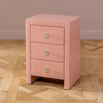 Pink Glass 3 Drawer Bedside Table