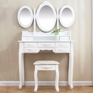 White 7-Drawer Vanity Table Set With 3 Mirrors