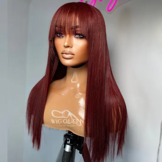 99J Burgundy Red Straight Remy Human Hair Wig with Bangs