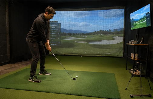 Golfer addressing a ball from an indoor simulator hitting mat