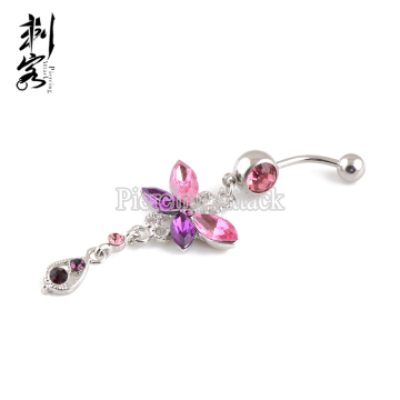 Stainless Steel Pink Crystal Butterfly Hanging Free Belly Button Ring