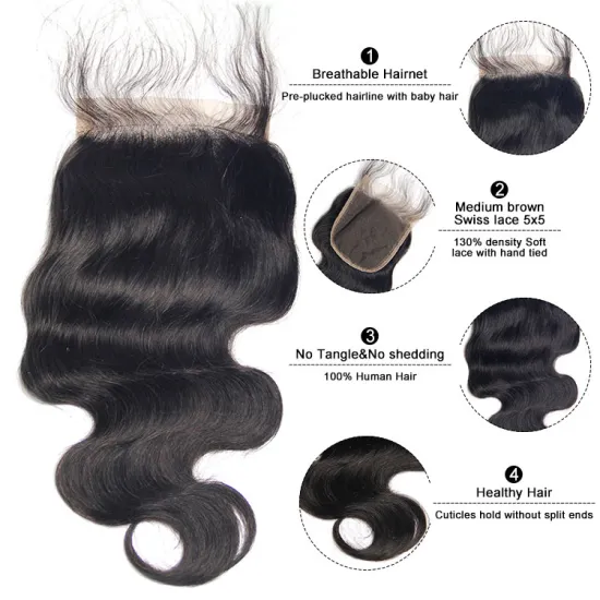 8-20" body wave baby hairline unprocessed 100 virgin brazilian 5x5 swiss lace closure