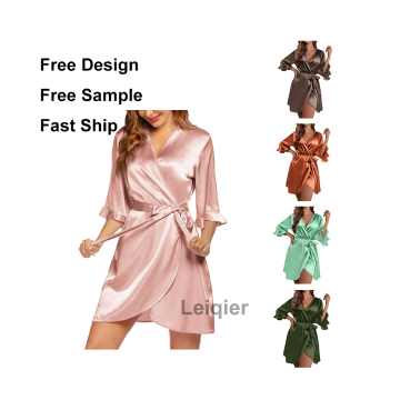 Summer Sexy Silky Night Robe - Custom Logo Long Sleeve Lace-Up Bathrobe