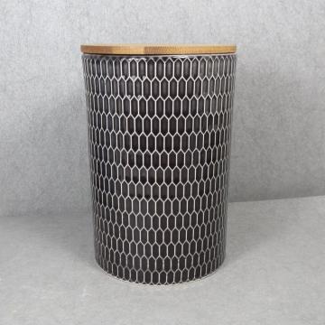 Embossed Ceramic Storage Jar With Bamboo Lid