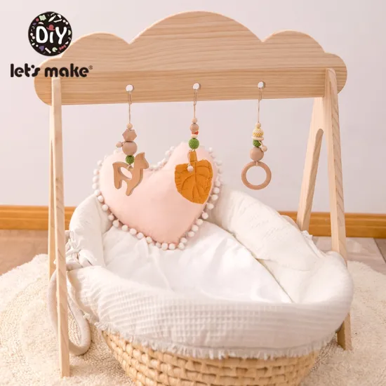 Let's Make 4Pc/Set Wood Crafts Cloud Play Gym Stroller Game Toys Baby Rattle Silicone Teether Baby Rattles Toys