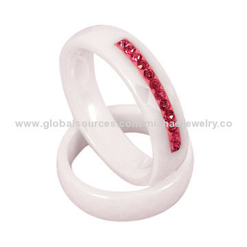 Ceramic rings, made of white ceramic, pink PP stone, fashion jewelry