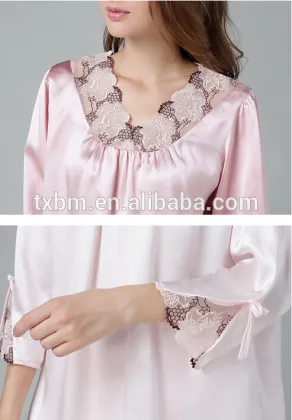 100%mulberry silk pajamas for lady, fashion lace embroidery silk nightgown, soft and smooth silk sleepwear
