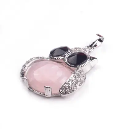 Sincere Silver Jewelry Rose Quartz Stone Owl Alloy Pendant Necklace for Women Accessories