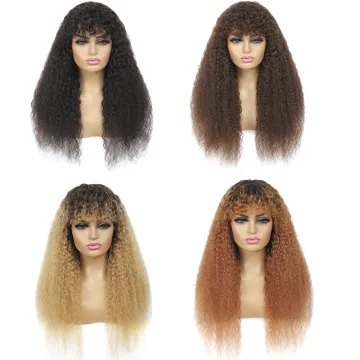 Kinky Straight Human Hair Wigs With Bangs Medium Brown Brazilian Non-Remy Human Hair Full Machine Made Wig For Black Women