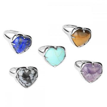 Gemstone Heart Rings Natural Stone Crystal Adjustable Rings for Women Wedding Ring Silver Plated Copper Ring
