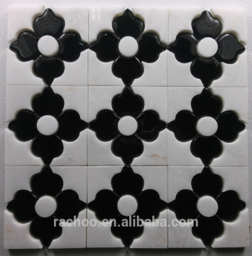 White marble mix black solid glass waterjet mosaic home decor tile