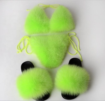 Natural New Fox Fur Slides Sexy Fur Bra for gril Women Swimwear Slippers Beachwear Bathing Suit Bikini Furry Slippers Set