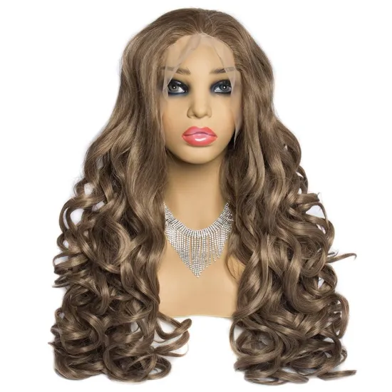 180% Long Deep Wave Gold Blonde Ombre Synthetic Lace Front Wigs Free Part High Temperature Fiber 26"Hair Wig For Women