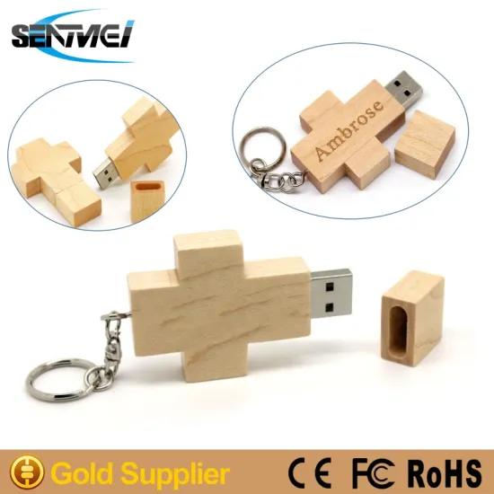 Promotional Wholesale Cross-shaped Wooden USB With Key Ring