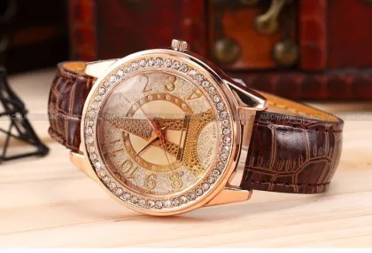 Eiffel Tower Leather Womens Wrist Watches Crystal Brown , Bronze Case Watches