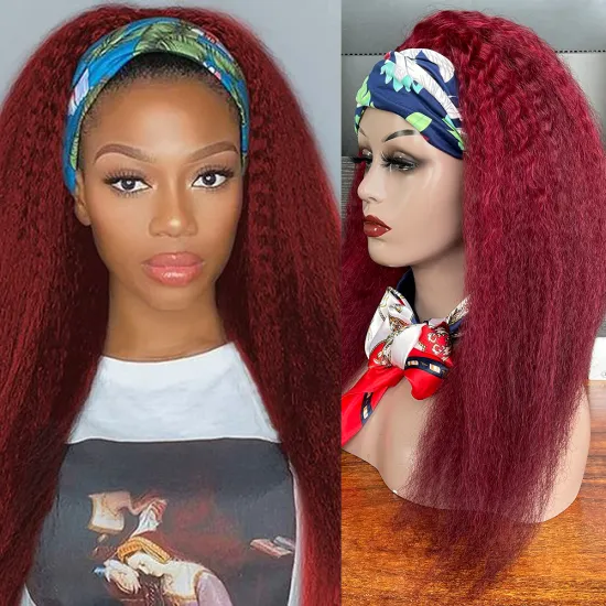 Kinky straight 99j ombre burgundy headband human hair wigs supplier kinky human hair wigs curly wig for woman