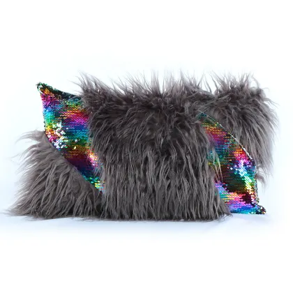 Sequins Plush Faux Fur Pillow Luxury Mermaid Pillow Cushion Modern Rectangle Fluffy Waist Pillow Case