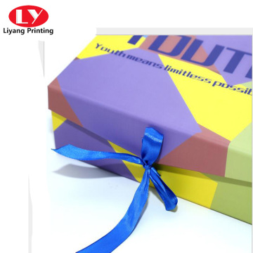 Full color CMYK folding flat box with ribbon