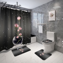 Floral Print Bath Mat and Waterproof Shower Curtain Set Bathroom Carpet Microfiber Bath Foot Mat Absorbent Toilet Floor Rug Set