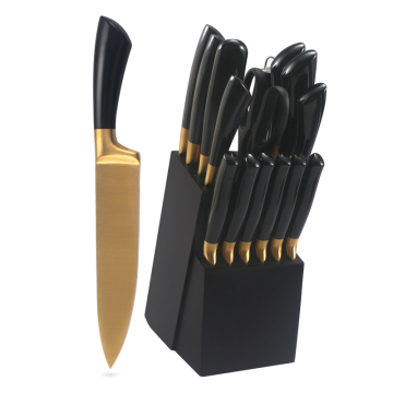Hochwertiges 16-teiliges Messerset mit einem hohen Griff mit goldenem Ti-Ni-Schicht und Holzblock