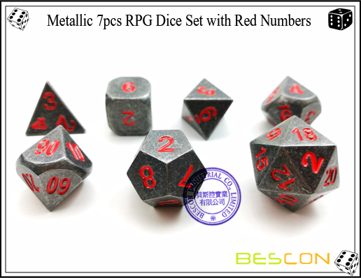 Metallic 7pcs RPG Dice Set with Red Numbers-4