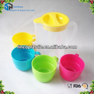 Household plastic water jug and colorful cups set