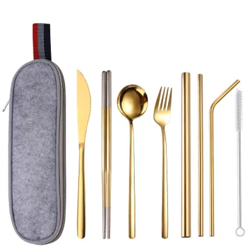 304 Stainless Steel Outdoor Tableware Set: Portable Cutlery including Knife, Fork, Spoon, and Straw