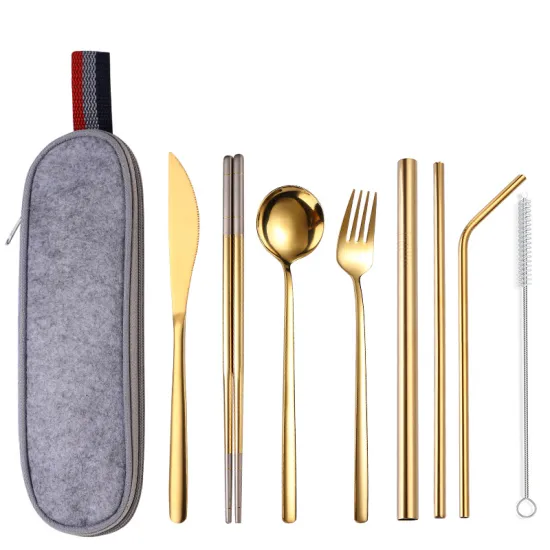 304 Stainless Steel Outdoor Tableware Set: Portable Cutlery including Knife, Fork, Spoon, and Straw