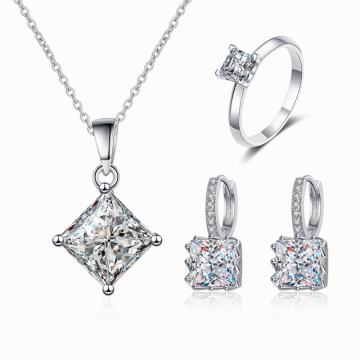 VVS Moissanite Jewelry Set: 925 Sterling Silver Earrings, Pendant Necklace, Princess Cut Moissanite Diamond Ring for Women