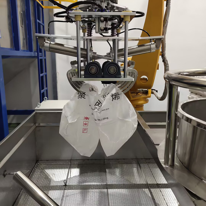 Mesin pengosongan tas robot yang membongkar otomatis