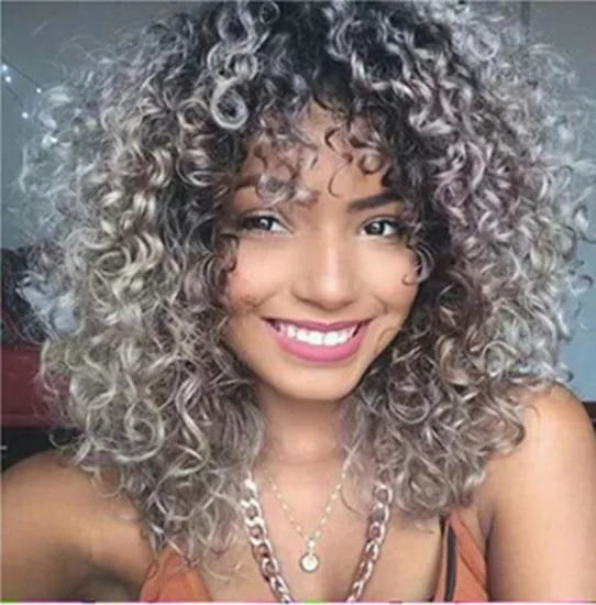 Wholesale Price colorful High-Temperature  Synthetic Wigs sliver gray  Black Orange Brown color  Afro Curly Wigs for black women