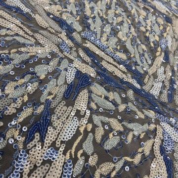 Tissu de broderie paillettes multicolores géométrie bleus