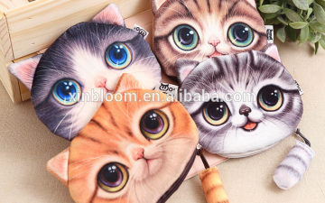 lovely cartoon 3D big eye cat zipper plush money coin bag with tail