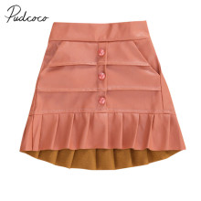 Infant Kids Baby Girls PU Pleated Skirt Solid Ruffled Buttons Mini Fashion Skirts Princess Leather Bottoms 6M-5Y