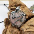 Rose Quartz Heart Antique Silver Dragon Gemstone Pendant (32x42mm) for DIY Making Jewelry