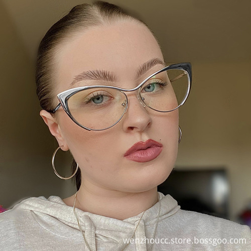 2022 New Anti-Blue Light Flat Lens Myopia Glasses Frame - 0176 Steel Leather Triangle Cat's Eye Metal Frame