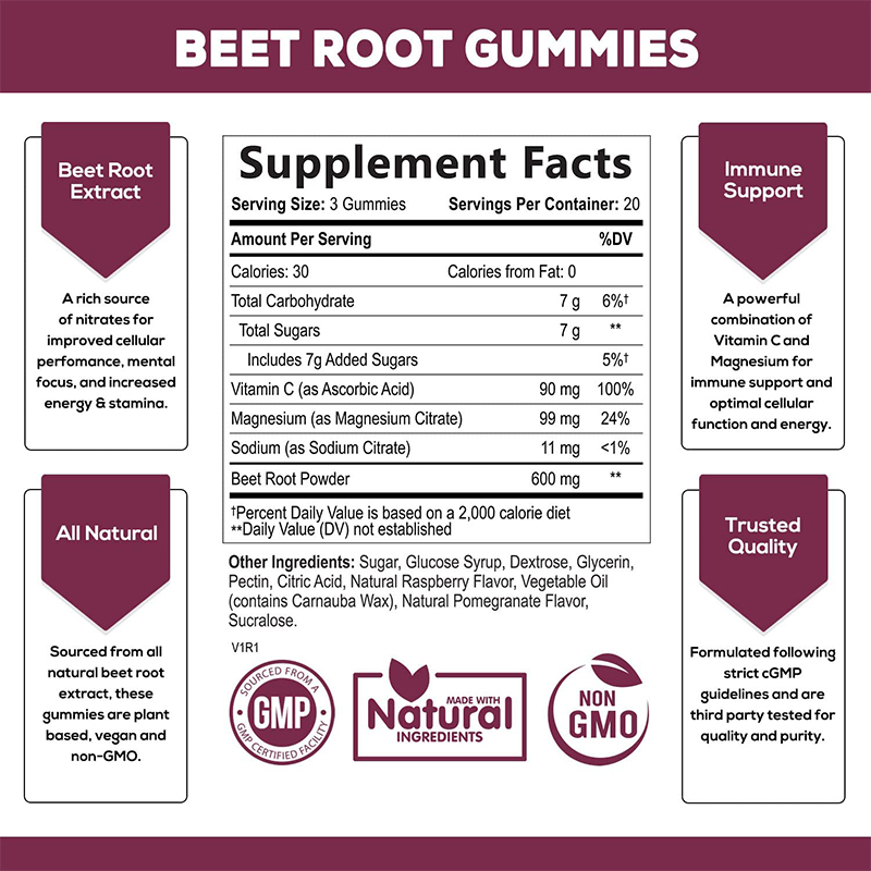 OEM/ODM Vegan Vitamin C Heart Health Support Raspberry Pomegranate Flavor Beet Root Gummies For Blood Pressure Organic