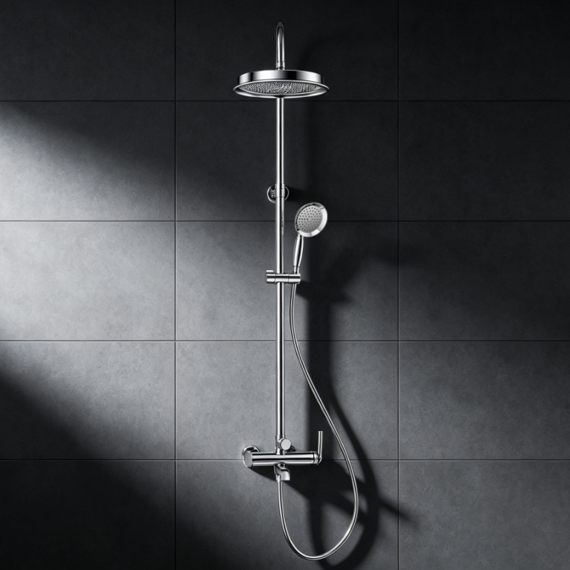 exposed pipe shower system with tub faucet
