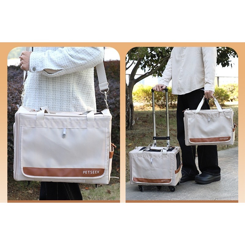 Double Layer Pet Rolling Carrier Bag with Telescopic Handle for Cats and Dogs